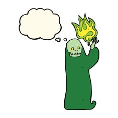 cartoon waving halloween ghoul with thought bubble N5