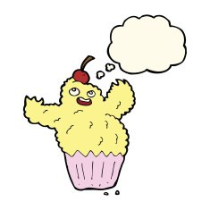 cartoon cupcake monster with thought bubble N8
