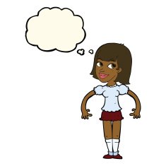cartoon woman shrugging shoulders with thought bubble N344