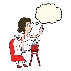 cartoon housewife washing up with thought bubble N8