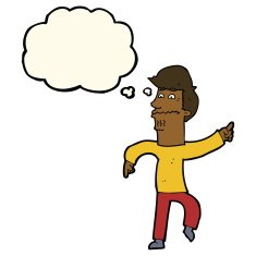cartoon worried man pointing with thought bubble N19
