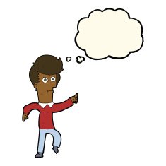 cartoon man pointing with thought bubble N132