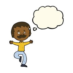 cartoon dancing man with mustache thought bubble N6