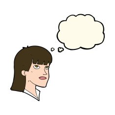 cartoon serious woman with thought bubble N15