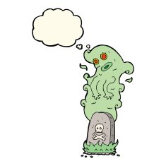 cartoon ghost rising from grave with thought bubble N17
