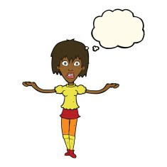 cartoon woman shrugging shoulders with thought bubble N346