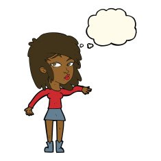 cartoon woman playing it cool with thought bubble N7