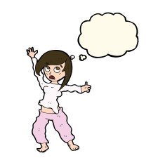 cartoon frightened woman with thought bubble N22