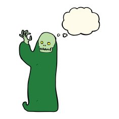 cartoon waving halloween ghoul with thought bubble N6
