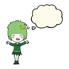 cartoon happy vampire girl with thought bubble N26