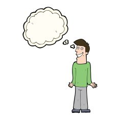 cartoon man shrugging shoulders with thought bubble N24