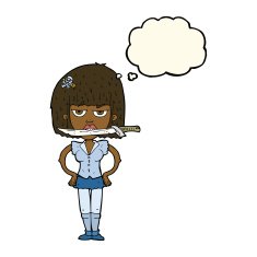 cartoon woman with knife between teeth thought bubble N28