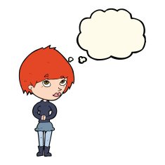cartoon nervous woman with thought bubble N24
