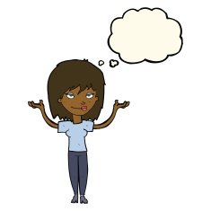 cartoon woman shrugging with thought bubble N45