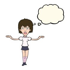 cartoon woman shrugging shoulders with thought bubble N349