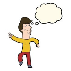 cartoon worried man pointing with thought bubble N21