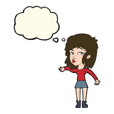cartoon woman playing it cool with thought bubble N8