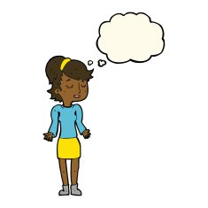 cartoon woman shrugging shoulders with thought bubble N350