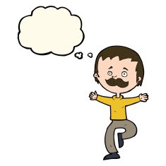 cartoon dancing man with mustache thought bubble N7