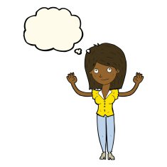 cartoon woman holding up hands with thought bubble N14