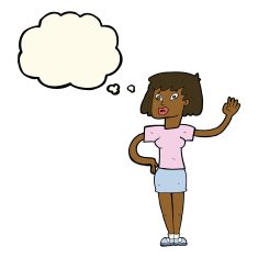 cartoon woman waving with thought bubble N263