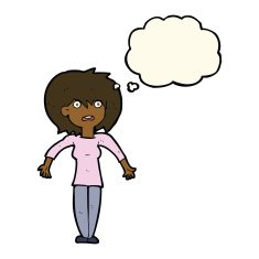 cartoon woman shrugging shoulders with thought bubble N353