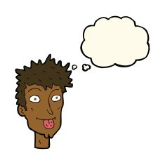 cartoon man sticking out tongue with thought bubble N22