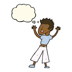 cartoon man panicking with thought bubble N38
