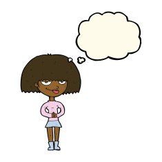 cartoon sly woman with thought bubble N7