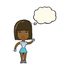 cartoon waving woman with thought bubble N94