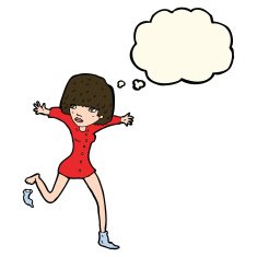 cartoon woman kicking off sock with thought bubble N7