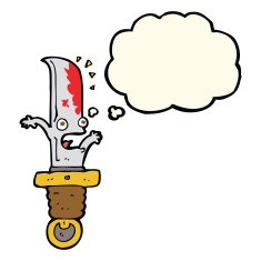 cartoon frightened knife with thought bubble N7
