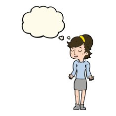cartoon woman shrugging shoulders with thought bubble N354