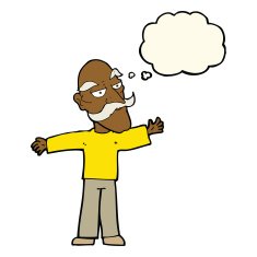 cartoon old man spreading arms wide with thought bubble N6