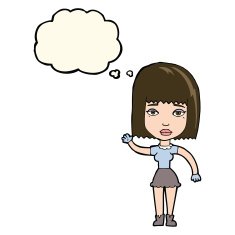 cartoon waving woman with thought bubble N96