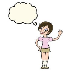 cartoon waving woman with thought bubble N97