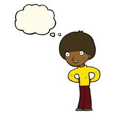 cartoon happy boy with hands on hips thought bubble N6