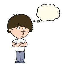 cartoon suspicious man with thought bubble N29