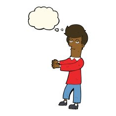 cartoon bored man showing the way with thought bubble N7