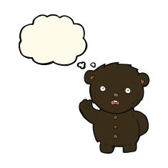 cartoon unhappy black teddy bear with thought bubble N4