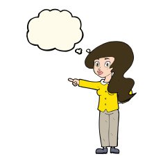cartoon pretty woman pointing with thought bubble N32