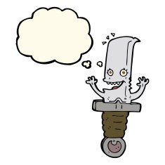 crazy cartoon knife character with thought bubble N8