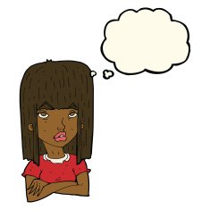 cartoon girl with folded arms thought bubble N7