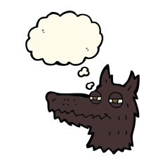 cartoon smug wolf face with thought bubble N3