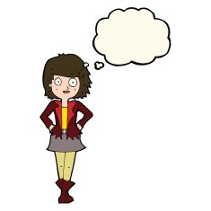 cartoon girl in jacket with thought bubble N8