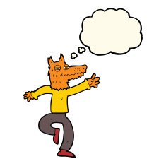 cartoon happy fox man with thought bubble N19