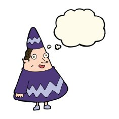 cartoon elf with thought bubble N8