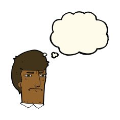 cartoon man narrowing eyes with thought bubble N29