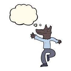 cartoon happy wolf man with thought bubble N11