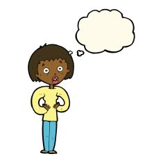 cartoon woman gesturing at self with thought bubble N20
